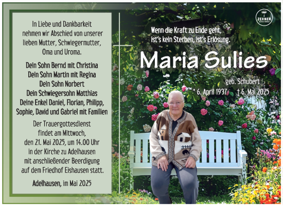 Traueranzeige von Maria Sulies von Südthüringer Presse