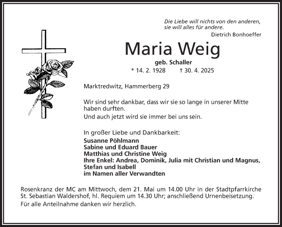 Traueranzeige von Maria Weig von Frankenpost