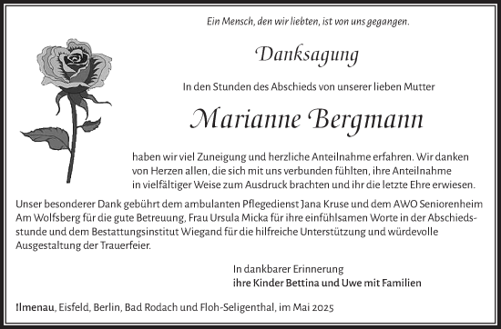 Traueranzeige von Marianne Bergmann von Südthüringer Presse
