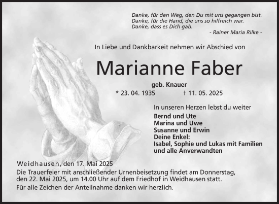 Traueranzeige von Marianne Fabee von Neue Presse Coburg