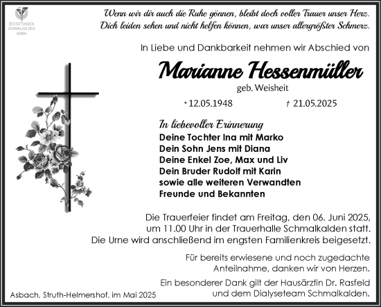 Traueranzeige von Marianne Hessenmüller von Südthüringer Presse