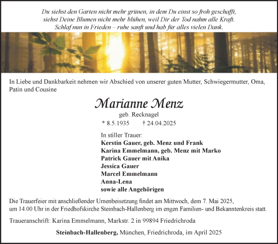 Traueranzeige von Marianne Menz von Südthüringer Presse