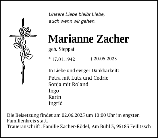 Traueranzeige von Marianne Zacher von Frankenpost