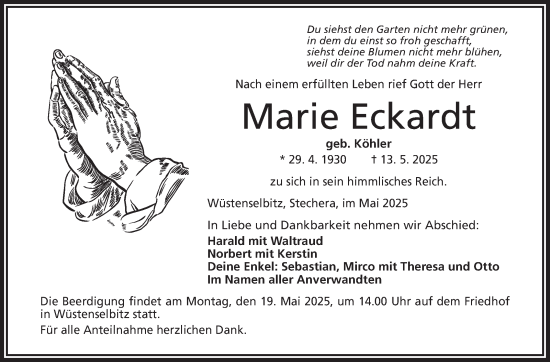 Traueranzeige von Marie Eckardt von Frankenpost