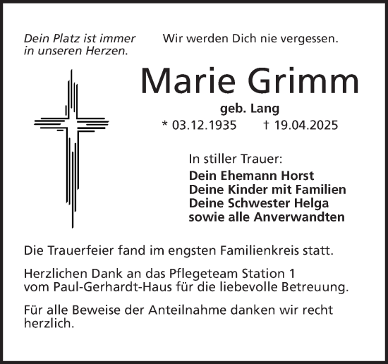 Traueranzeige von Marie Grimm von Frankenpost