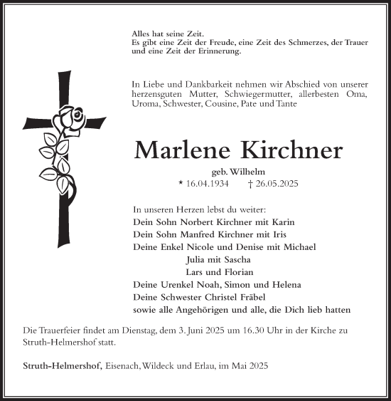 Traueranzeige von Marlene Kirchner von Südthüringer Presse
