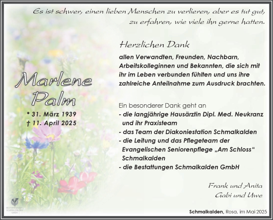 Traueranzeige von Marlene Palm von Südthüringer Presse