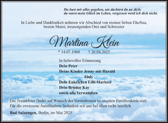 Traueranzeige von Martina Klein von Südthüringer Presse