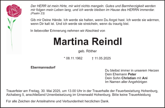 Traueranzeige von Martina Reindl von Frankenpost