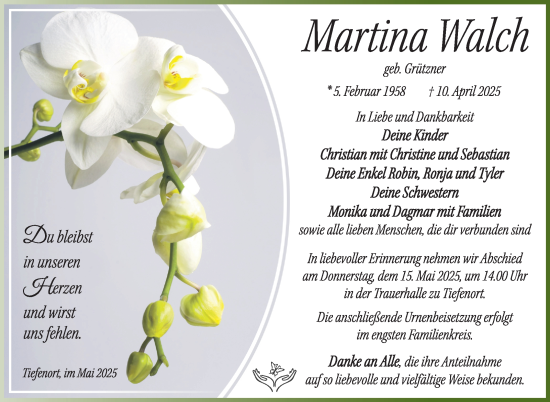 Traueranzeige von Martina Walch von Südthüringer Presse