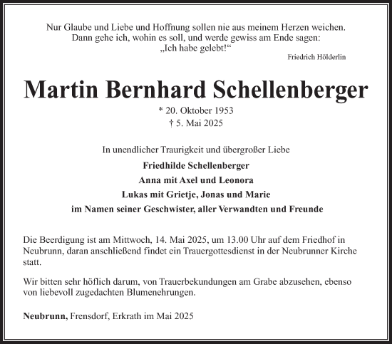 Traueranzeige von Martin Bernhard Schellenberger von Südthüringer Presse