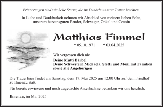 Traueranzeige von Matthias Fimmel von Südthüringer Presse