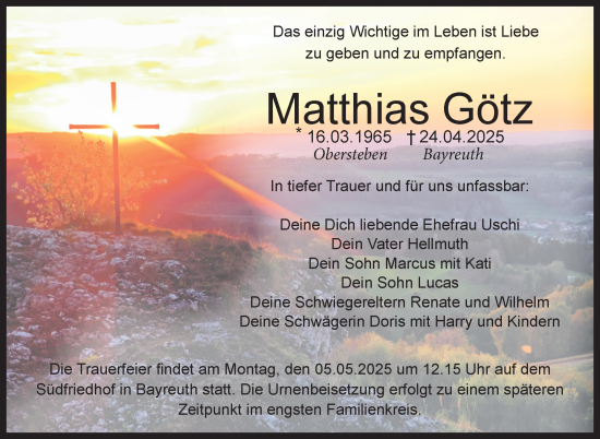 Traueranzeige von Matthias Götz von Südthüringer Presse