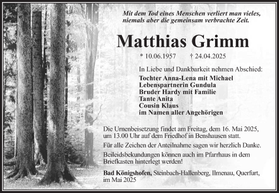 Traueranzeige von Matthias Grimm von Südthüringer Presse