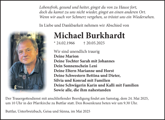 Traueranzeige von Michael Burkhardt von Südthüringer Presse
