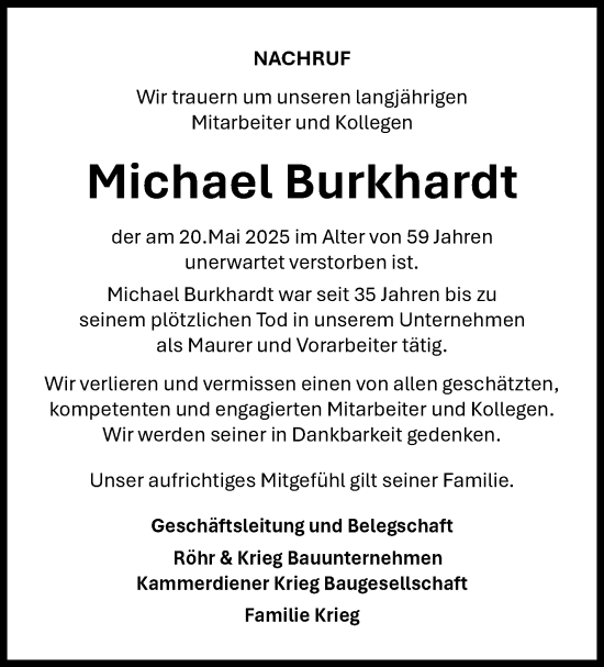 Traueranzeige von Michael Burkhardt von Südthüringer Presse