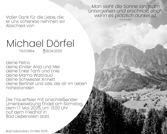 Traueranzeige von Michael Dörfel von Südthüringer Presse