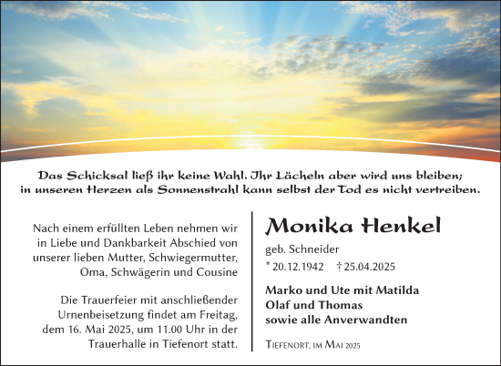 Traueranzeige von Monika Henkel von Südthüringer Presse