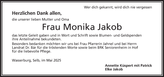 Traueranzeige von Monika Jakob von Frankenpost