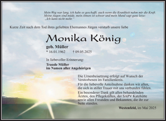 Traueranzeige von Monika König von Südthüringer Presse