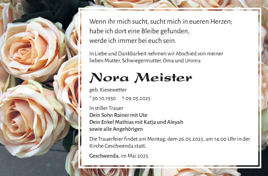 Traueranzeige von Nora Meister von Südthüringer Presse