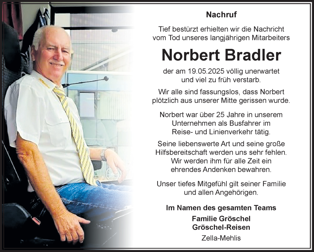  Traueranzeige für Norbert Bradler vom 31.05.2025 aus Südthüringer Presse