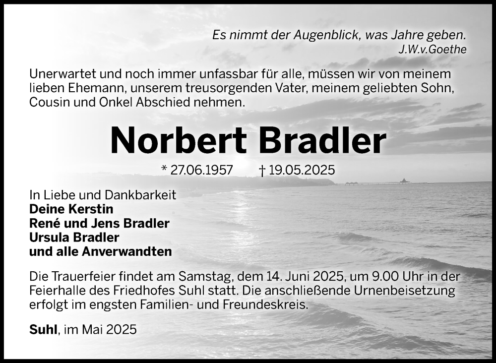  Traueranzeige für Norbert Bradler vom 31.05.2025 aus Südthüringer Presse