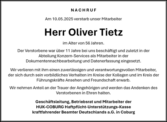 Traueranzeige von Oliver Tietz von Neue Presse Coburg