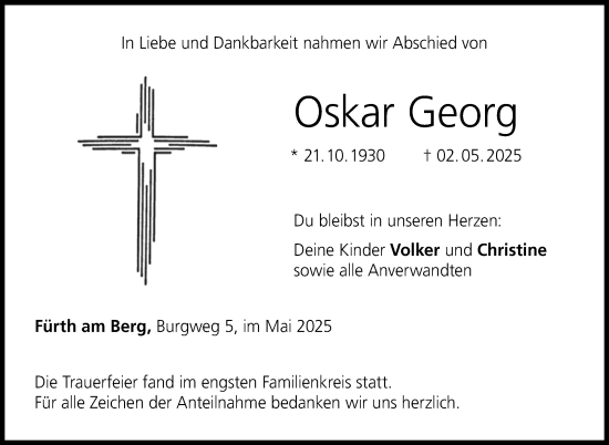 Traueranzeige von Oskar Georg von Neue Presse Coburg