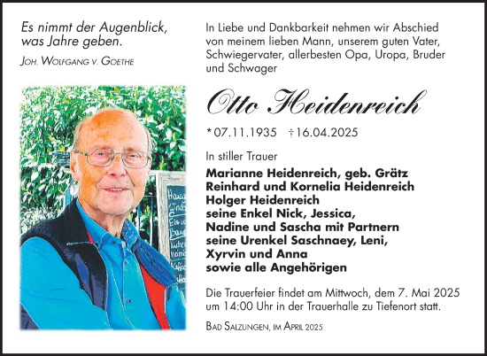 Traueranzeige von Otto Heidenreich von Südthüringer Presse