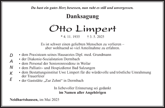 Traueranzeige von Otto Limpert von Südthüringer Presse