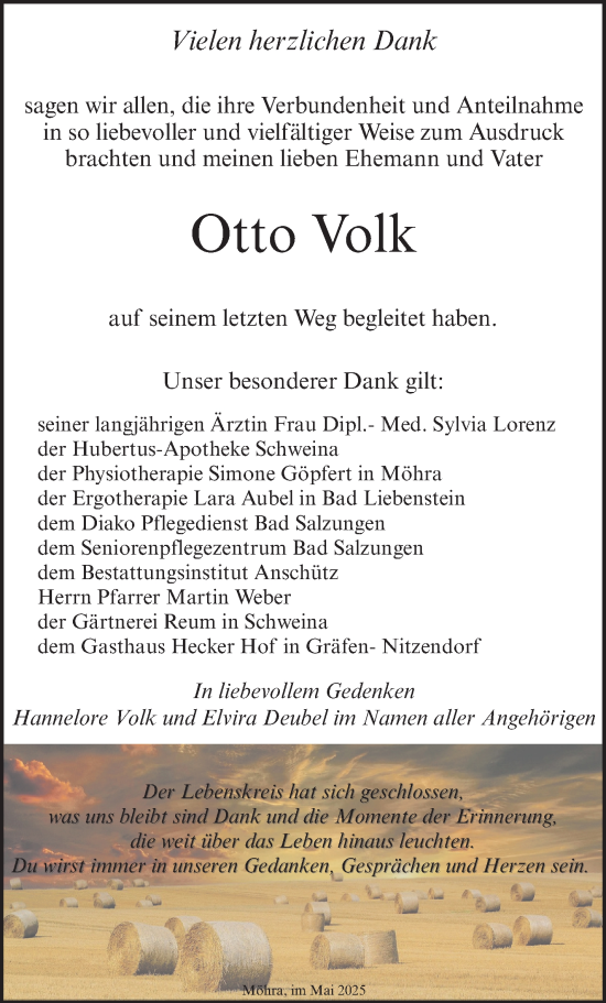 Traueranzeige von Otto Volk von Südthüringer Presse