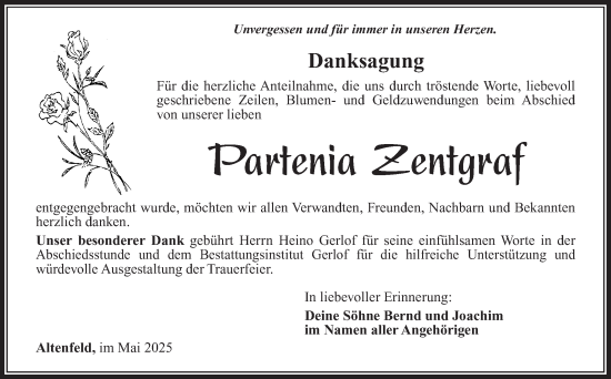 Traueranzeige von Partenia Zentgraf von Südthüringer Presse