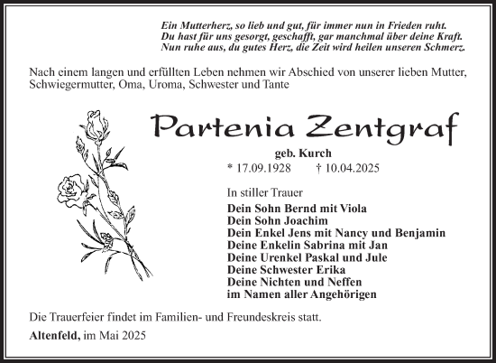 Traueranzeige von Partenia Zentgraf von Südthüringer Presse