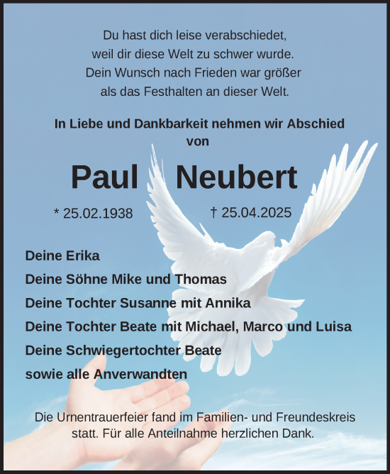 Traueranzeige von Paul Neubert von Frankenpost