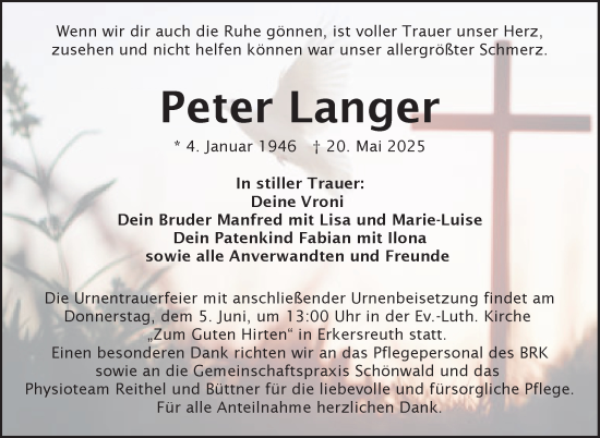 Traueranzeige von Peter Langer von Frankenpost