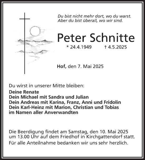 Traueranzeige von Peter Schnitte von Frankenpost