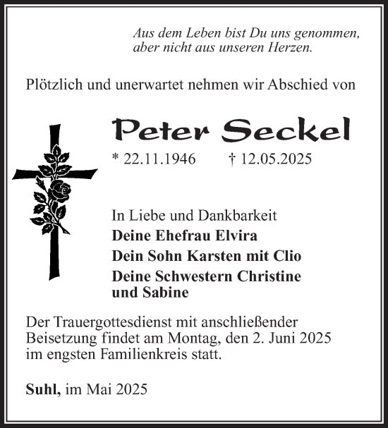 Traueranzeige von Peter Seckel von Südthüringer Presse