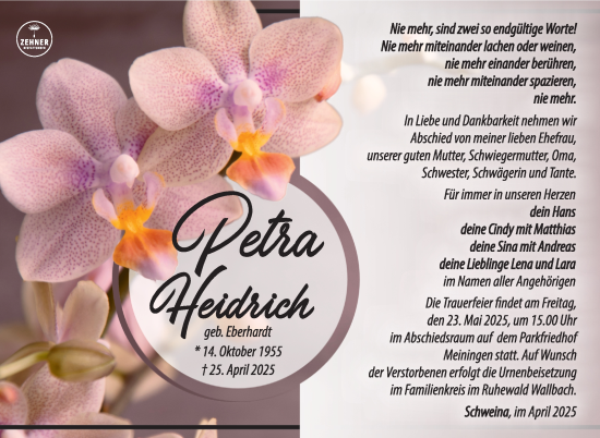 Traueranzeige von Petra Heidrich von Südthüringer Presse