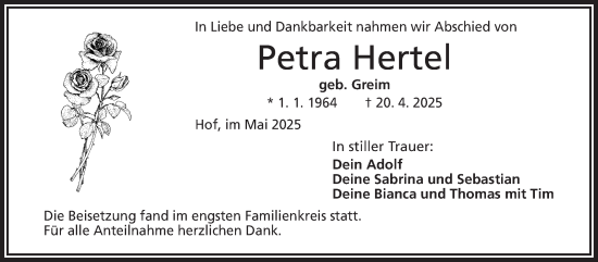 Traueranzeige von Petra Hertel von Frankenpost