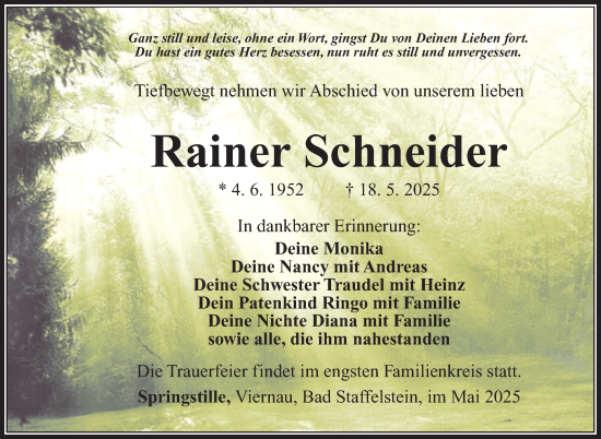 Traueranzeige von Rainer Schneider von Südthüringer Presse