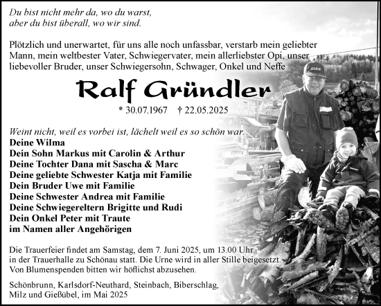 Traueranzeige von Ralf Gründler von Südthüringer Presse
