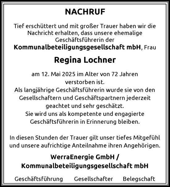 Traueranzeige von Regina Lochner von Südthüringer Presse