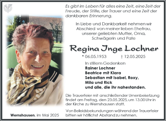 Traueranzeige von Regina Inge Lochner von Südthüringer Presse