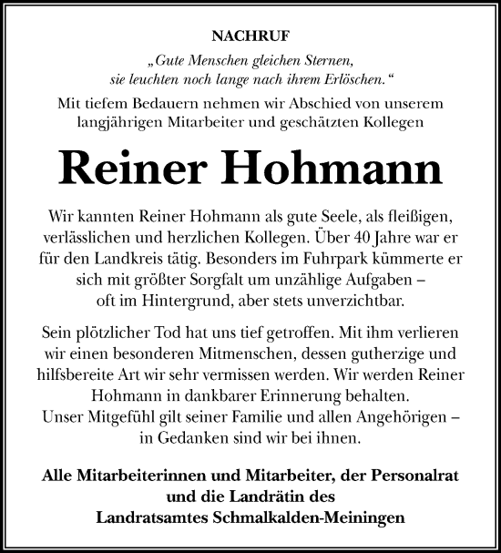 Traueranzeige von Reiner Hohmann von Südthüringer Presse