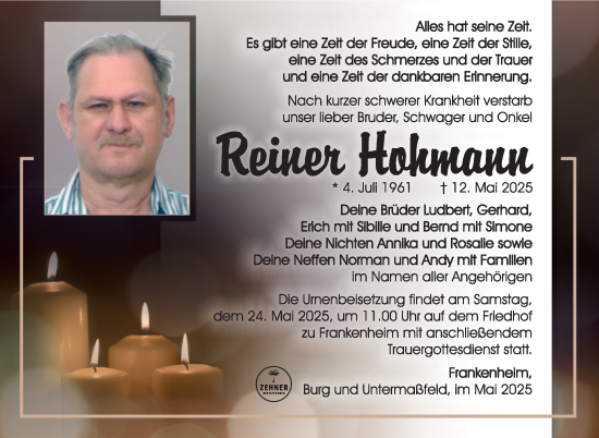 Traueranzeige von Reiner Hohmann von Südthüringer Presse