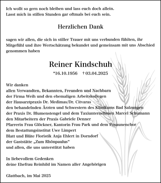 Traueranzeige von Reiner Kindschuh von Südthüringer Presse