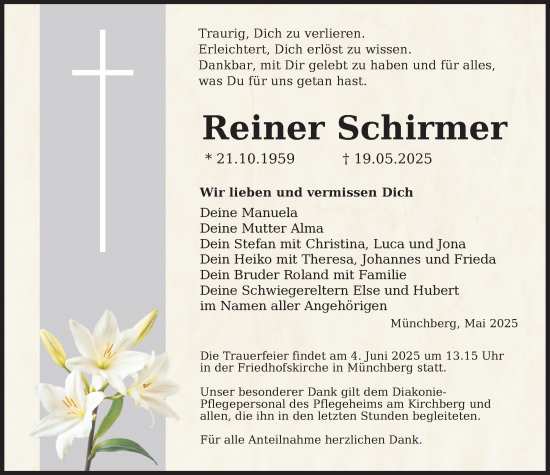 Traueranzeige von Reiner Schirmer von Frankenpost