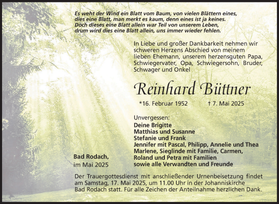 Traueranzeige von Reinhard Büttner von Neue Presse Coburg