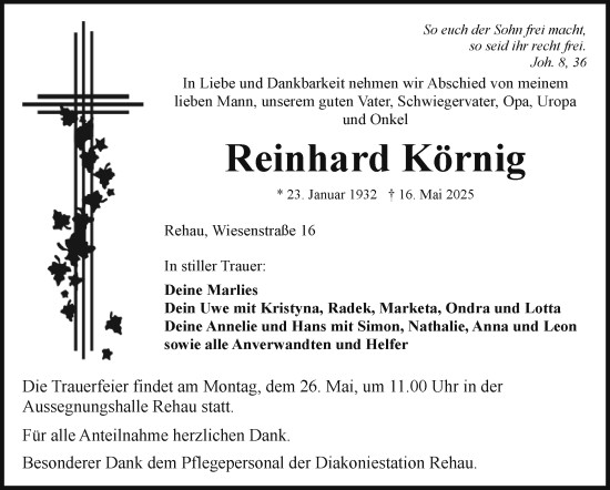 Traueranzeige von Reinhard Körnig von Frankenpost